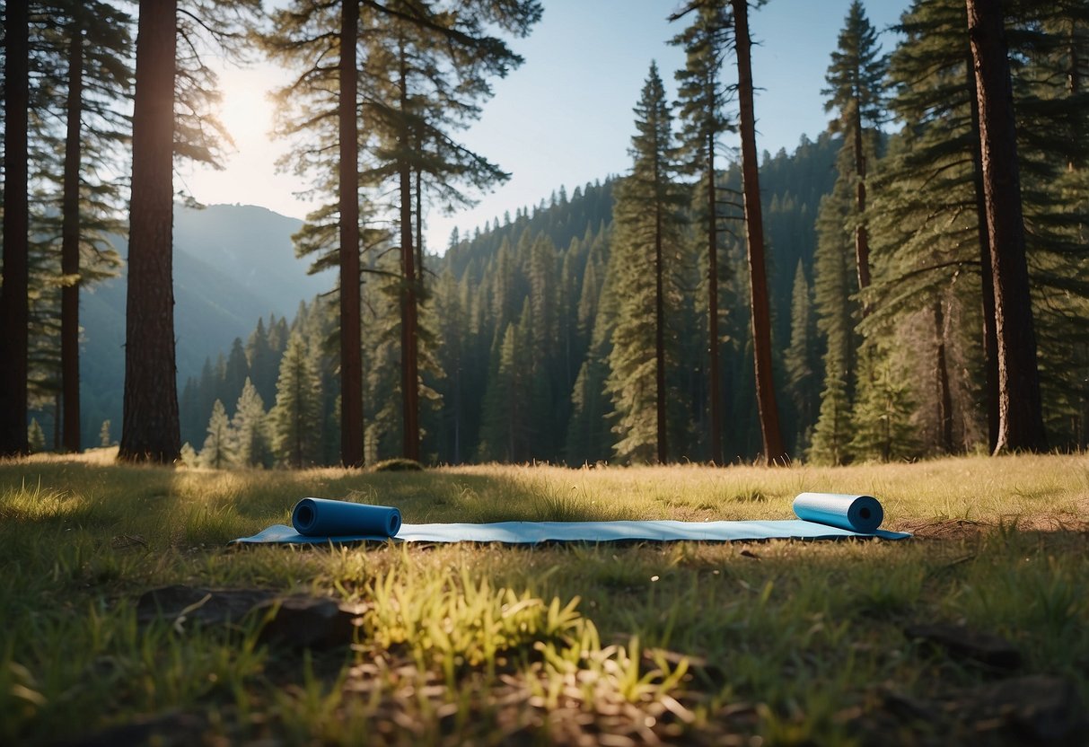 A serene mountain clearing with a yoga mat laid out, surrounded by tall trees and a clear blue sky. The area is peaceful and isolated, with no signs of other people nearby