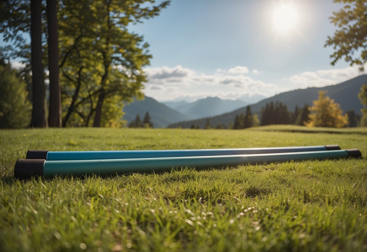 Bright, sunny day in a grassy meadow. Five colorful, lightweight yoga poles are arranged in a circle for outdoor practice. Trees and mountains in the background