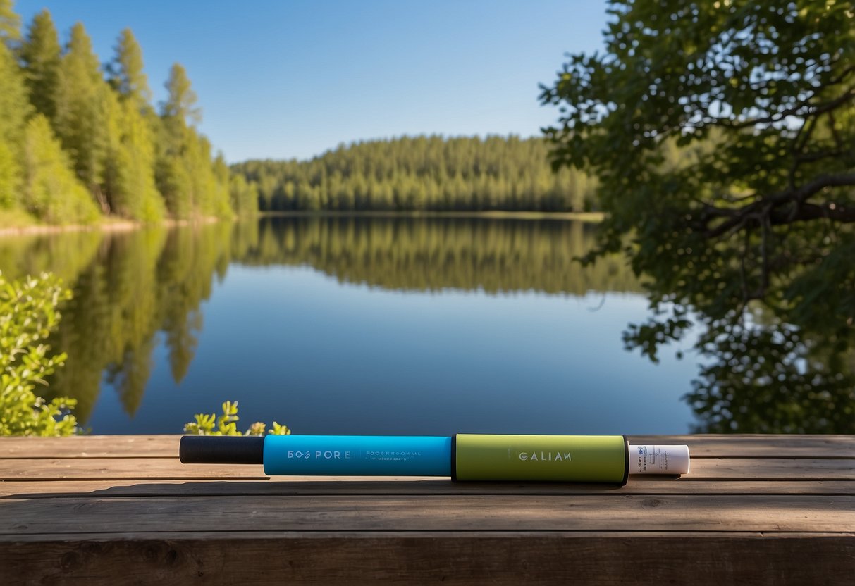 A serene outdoor setting with a clear blue sky, lush greenery, and a peaceful lake, where a Gaiam Travel Yoga Pole is placed on a flat surface for outdoor practice