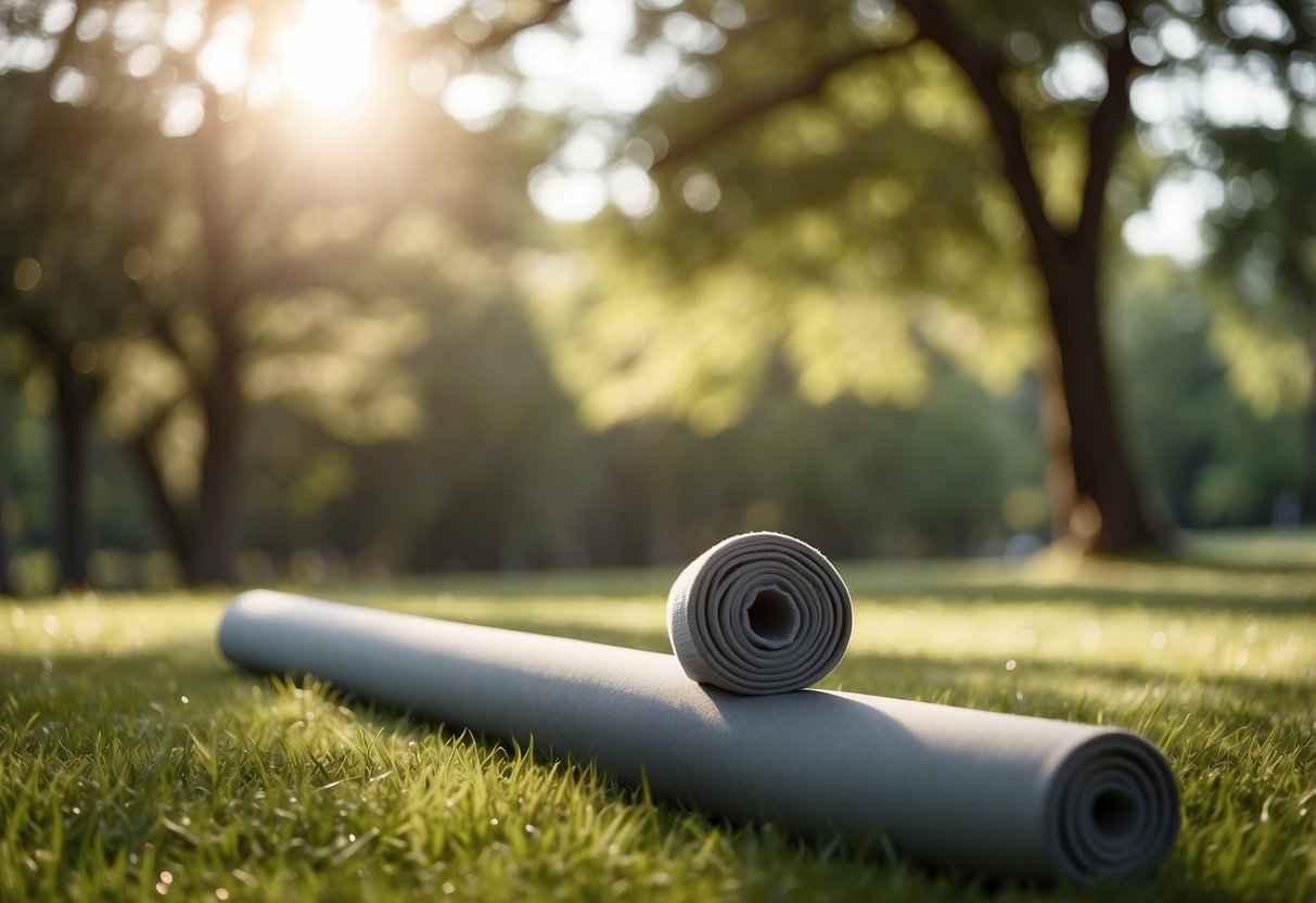 A serene outdoor setting with a Manduka Lean Yoga Pole placed on a grassy surface, surrounded by trees and natural light