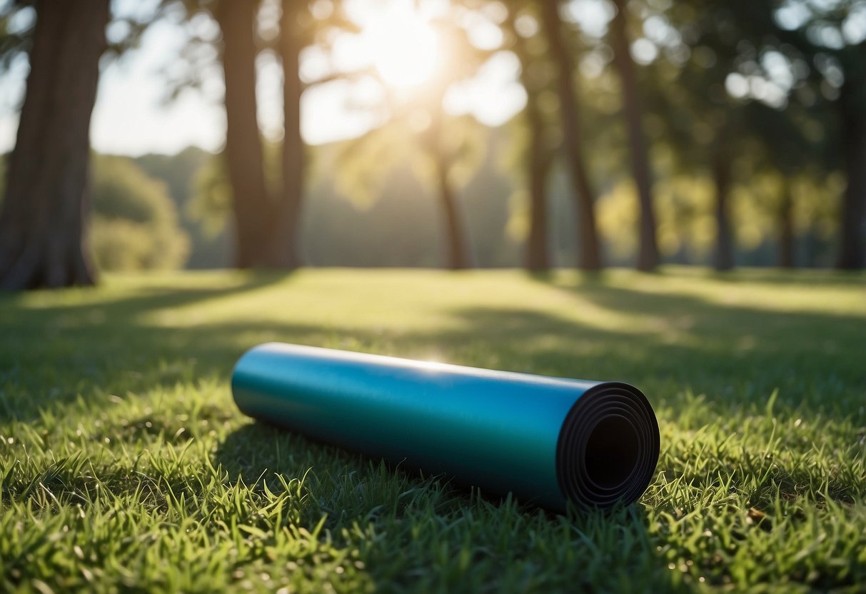 A serene outdoor setting with a Liforme Lightweight Yoga Pole placed on a grassy surface, surrounded by trees and a clear blue sky