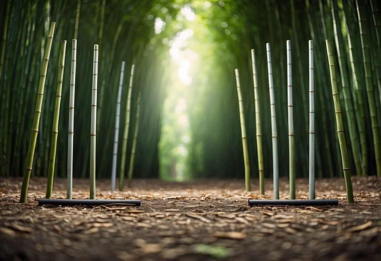 A serene bamboo forest with five lightweight yoga poles arranged in a circle, ready for outdoor practice