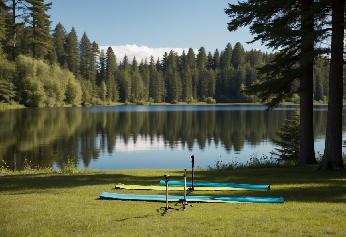 A serene outdoor setting with a clear blue sky, lush green grass, and a peaceful lake, with lightweight yoga poles placed strategically for outdoor practice