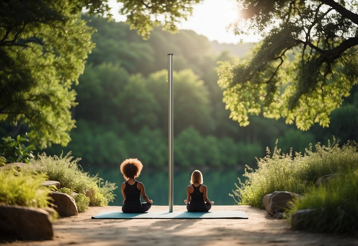 A serene outdoor setting with a clear blue sky and lush greenery. A lightweight yoga pole stands tall, surrounded by nature, inviting practitioners to engage in their practice