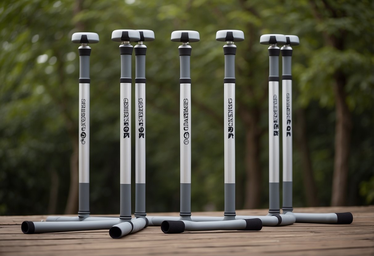 Five sleek, lightweight yoga poles arranged in a row, surrounded by outdoor scenery. Each pole is labeled with a maintenance tip