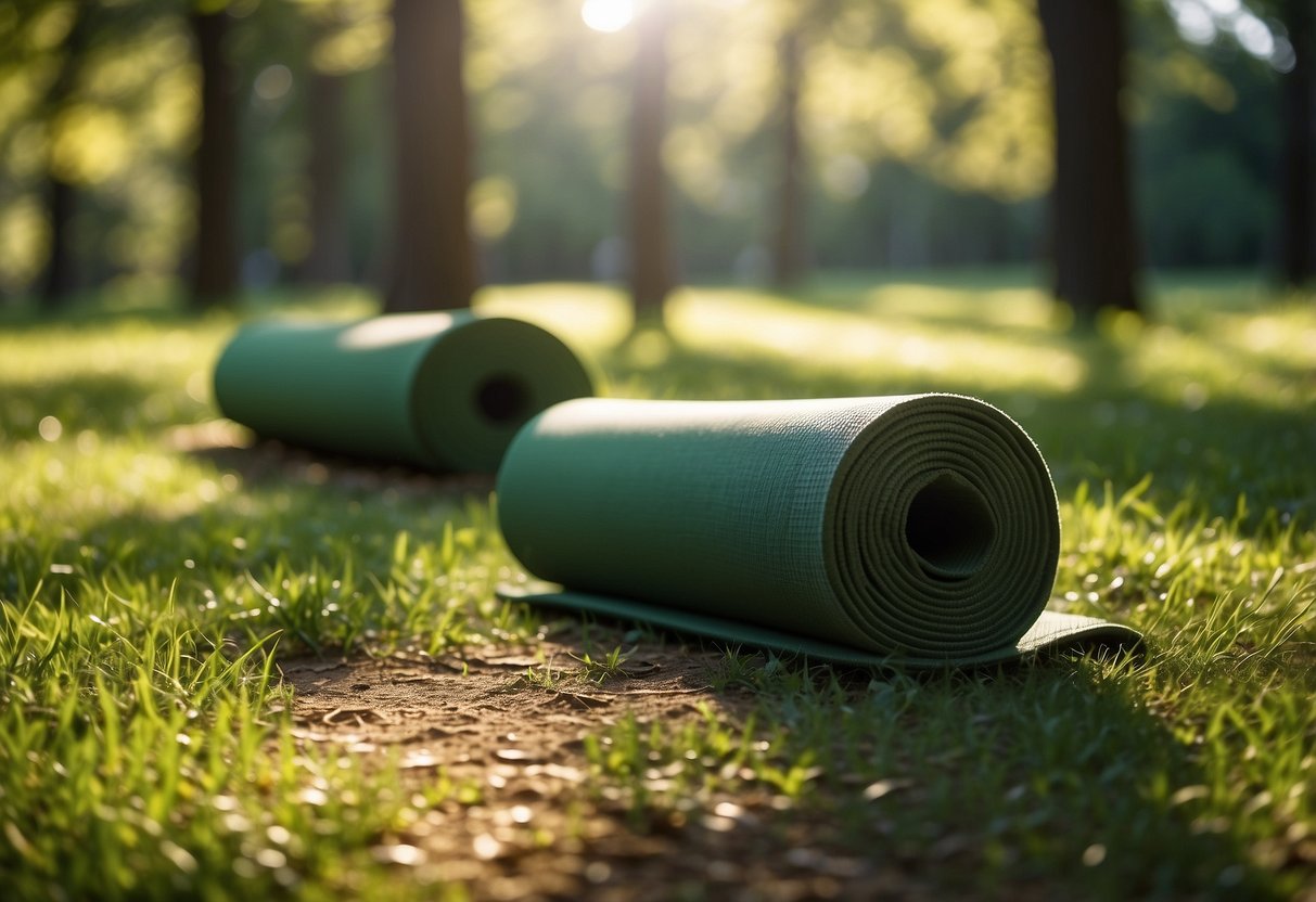 Yoga mats spread out on lush green grass under a canopy of tall trees. Sunlight filters through the leaves, casting dappled shadows on the ground. A gentle breeze rustles the leaves, creating a soothing natural soundtrack