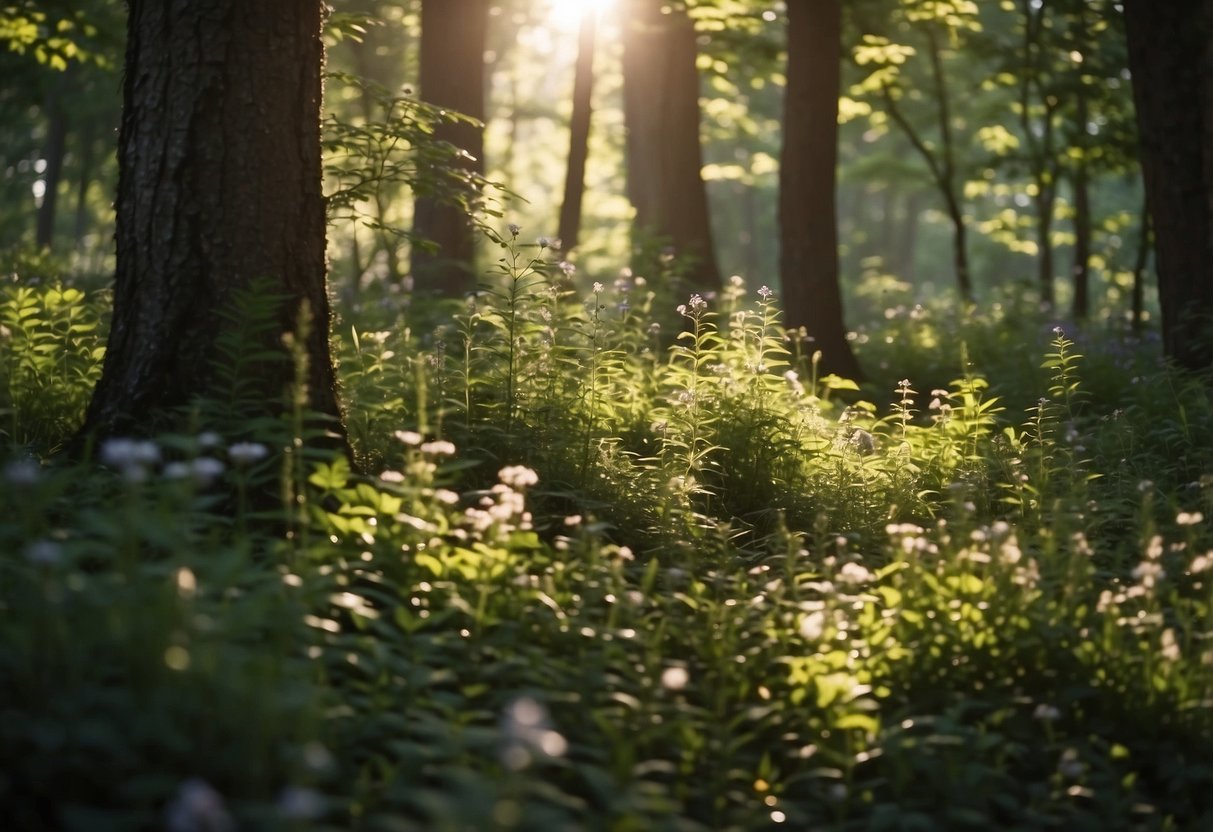 Lush green trees sway gently in the breeze, surrounded by vibrant wildflowers. The sun filters through the leaves, casting dappled shadows on the forest floor