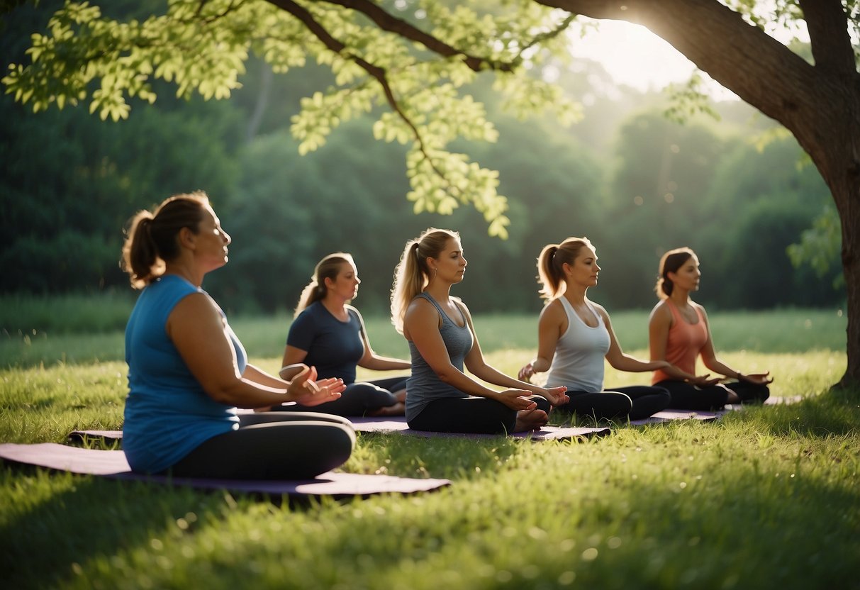 Birds perched on tree branches, chirping and fluttering as yoga practitioners meditate in a lush, green outdoor setting