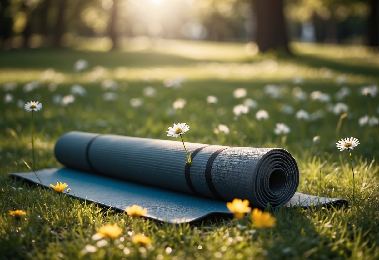 Yoga mat on grass, surrounded by trees and flowers. Sunlight filters through leaves, creating dappled patterns on the ground