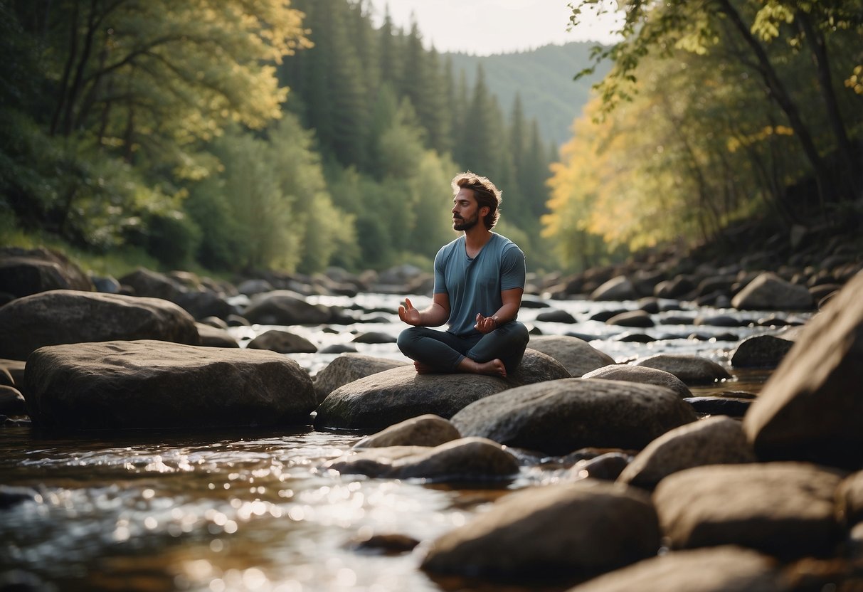 Person practicing pranayama by a stream. Trees and rocks surround, with the sound of flowing water in the background