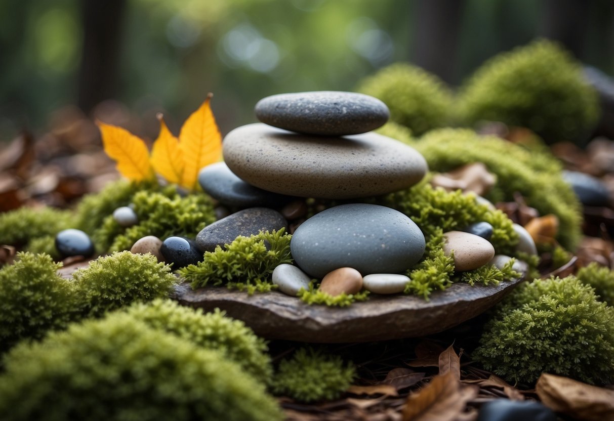 A natural altar formed with leaves and stones, set in an outdoor yoga space