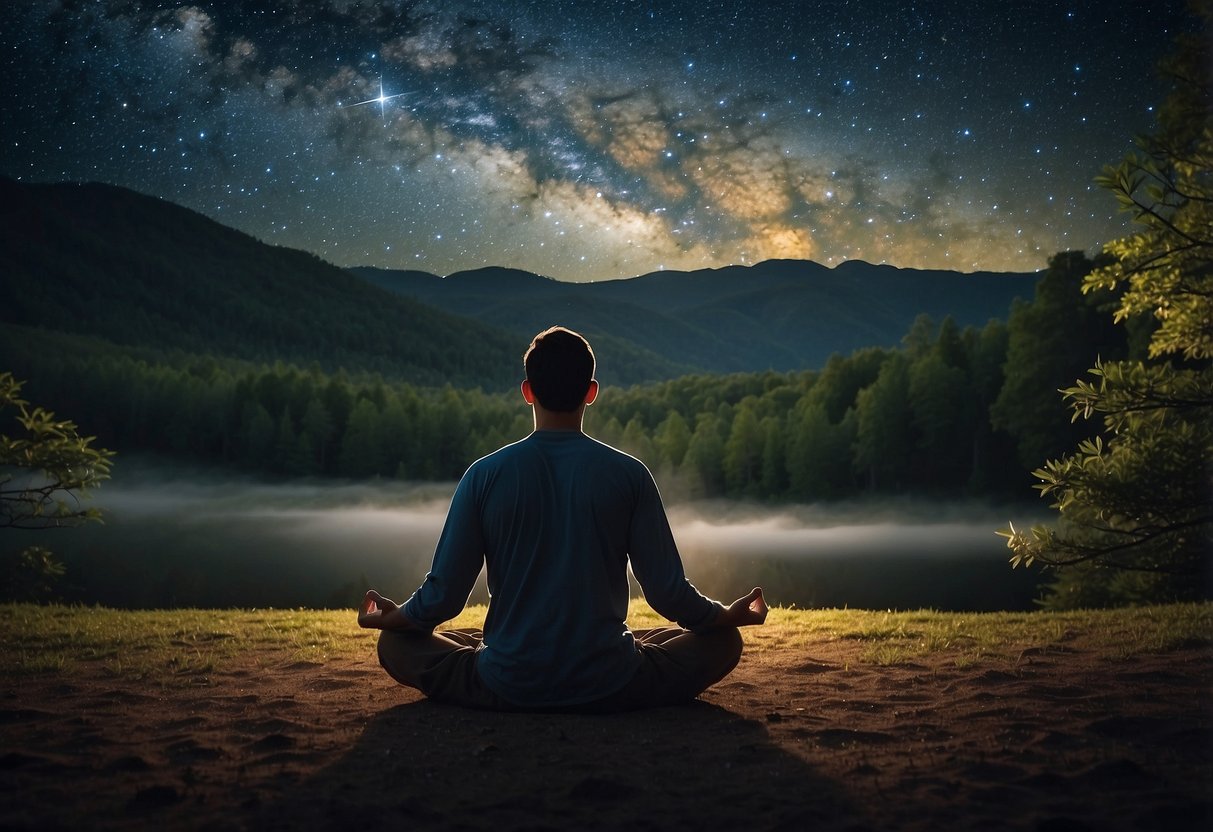 A figure meditates under a starry sky, surrounded by nature