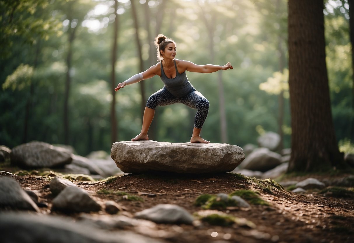 A figure balances on rocky ground, surrounded by trees. They practice outdoor yoga, connecting with nature