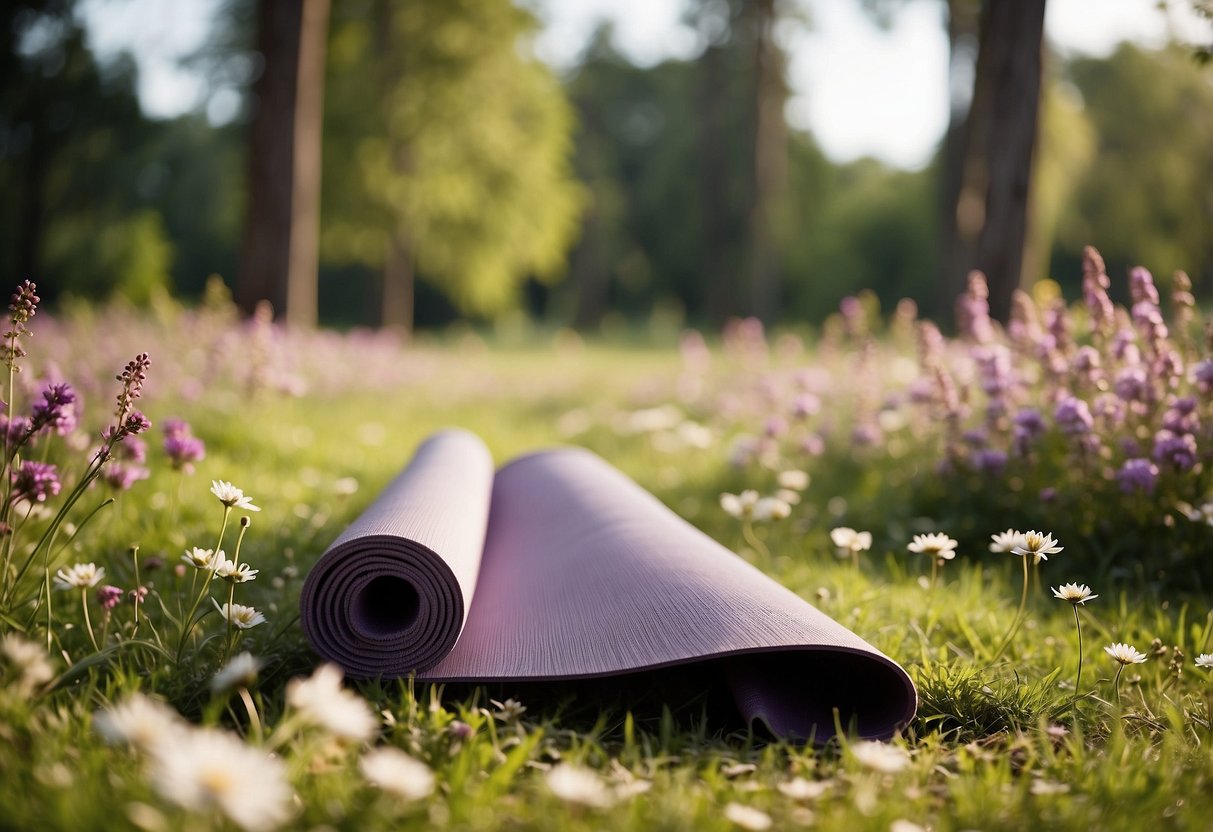 Yoga mats made of natural fibers placed on grassy ground surrounded by trees and flowers