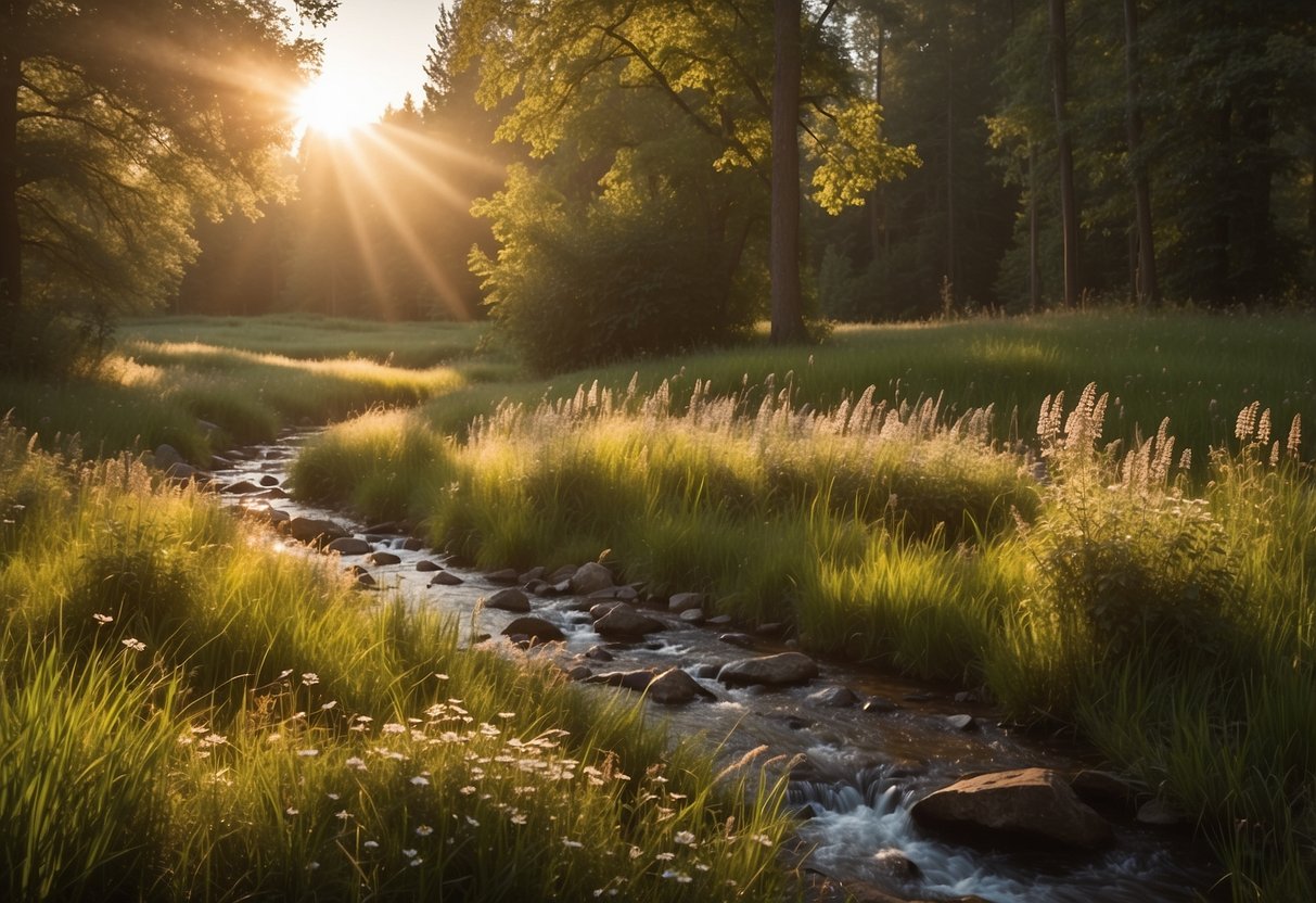 A serene meadow with tall grass and wildflowers, surrounded by towering trees and a peaceful stream running nearby. The sun is shining, casting a warm glow over the natural setting