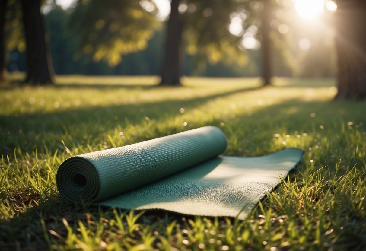 Yoga mat on grass, surrounded by trees. Sunlight filters through leaves. Birds chirping. Breathe in fresh air. Connect with nature