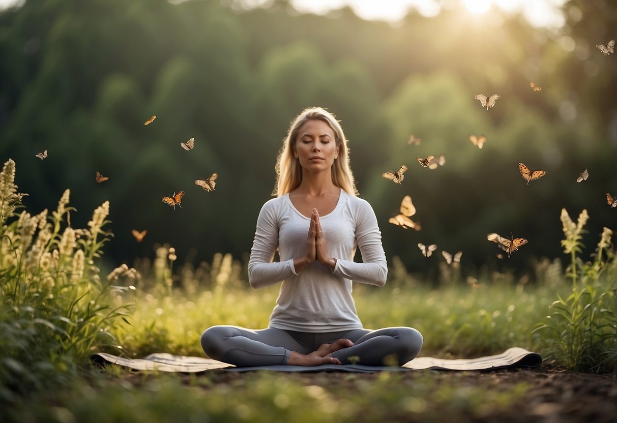 A person doing yoga outdoors with insects around. They are using natural insect repellent, wearing light-colored clothing, and practicing in a well-maintained area