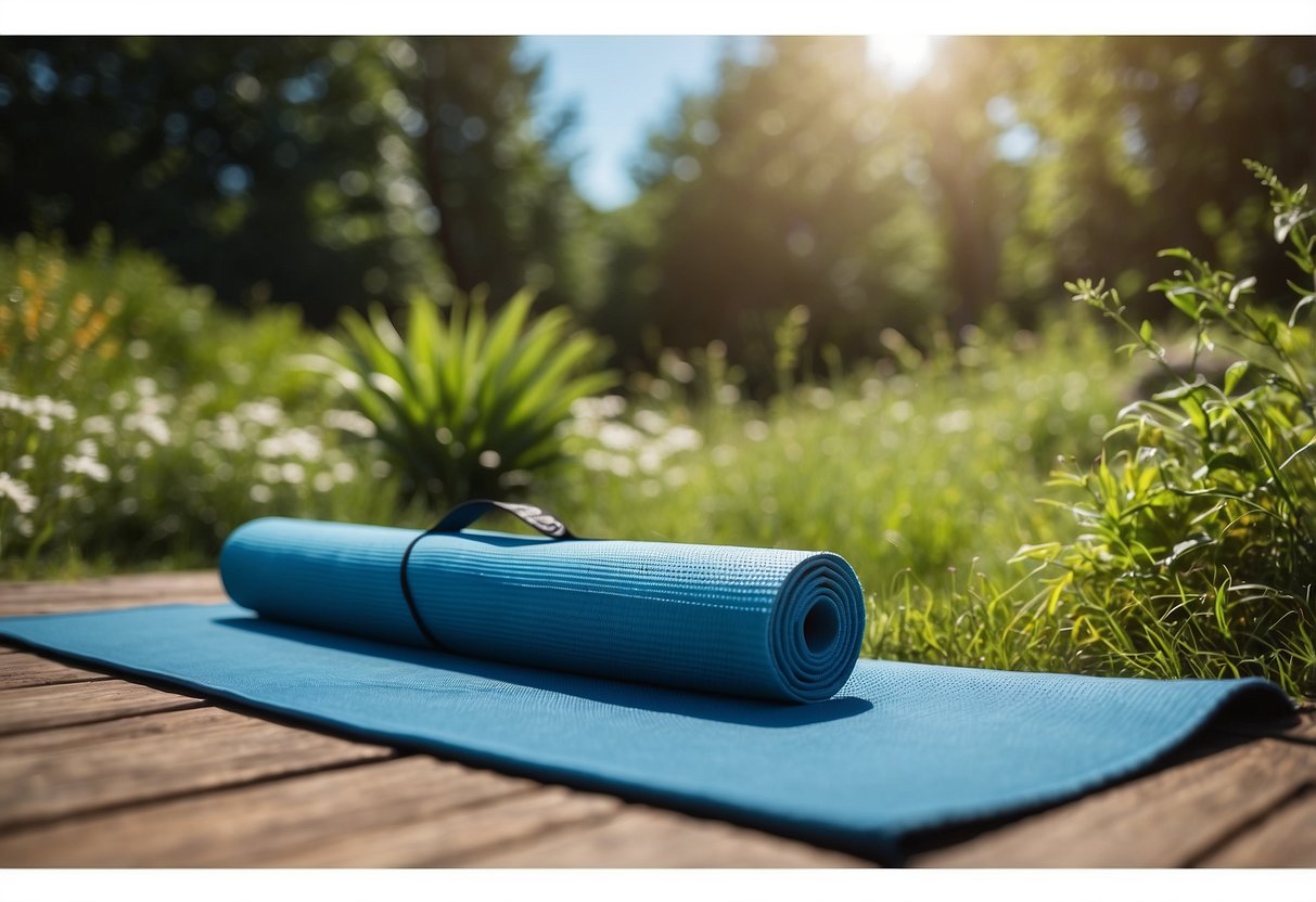 Yoga mat on grass, surrounded by plants. Clear blue sky, no bugs in sight. Peaceful outdoor setting for bug-free yoga practice