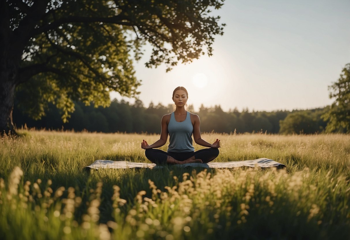 A person practicing outdoor yoga in a grassy field, surrounded by trees and wearing insect-repellent fabrics