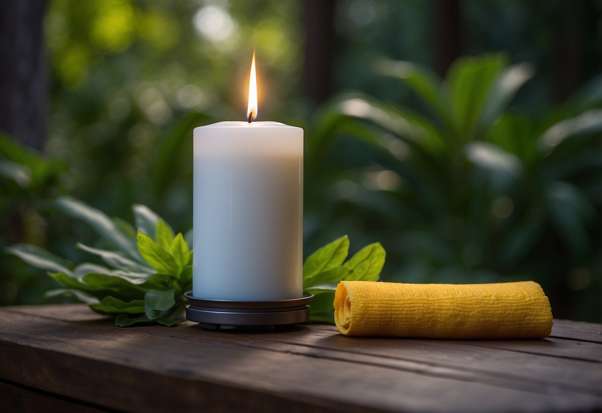 A citronella candle burns on a yoga mat in a lush outdoor setting, repelling insects as the practitioner meditates