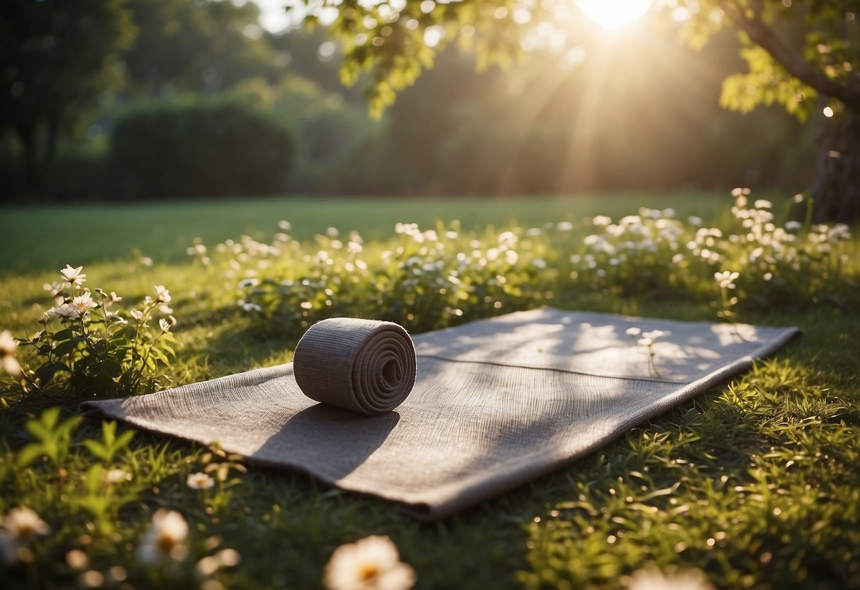 A serene outdoor yoga setting with a mat surrounded by lush greenery and blooming flowers. The sun is shining, and there are minimal insects present