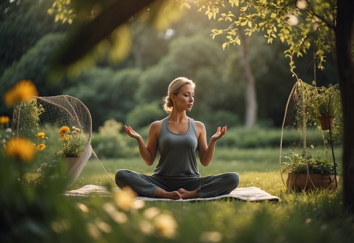 A figure in a peaceful outdoor yoga setting, surrounded by lush greenery and flowers. The figure holds a bug net, ready to use it if necessary to deal with insects