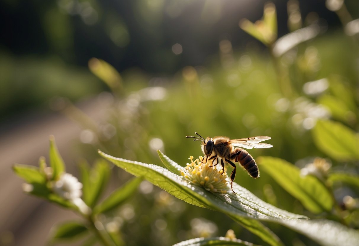 Insects buzzing near yoga mat. Sunlight filters through trees. Ants crawl on ground. Butterflies flutter around. Bees hover near flowers. Dragonflies dart over water. Mosquitoes buzz in the air