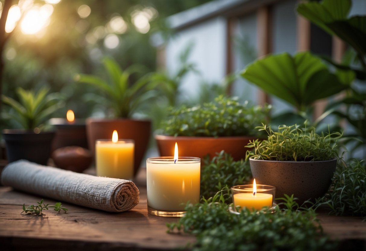 A serene outdoor yoga space with citronella candles, mesh screens, and natural insect repellent plants. Mats and props are neatly arranged, surrounded by lush greenery