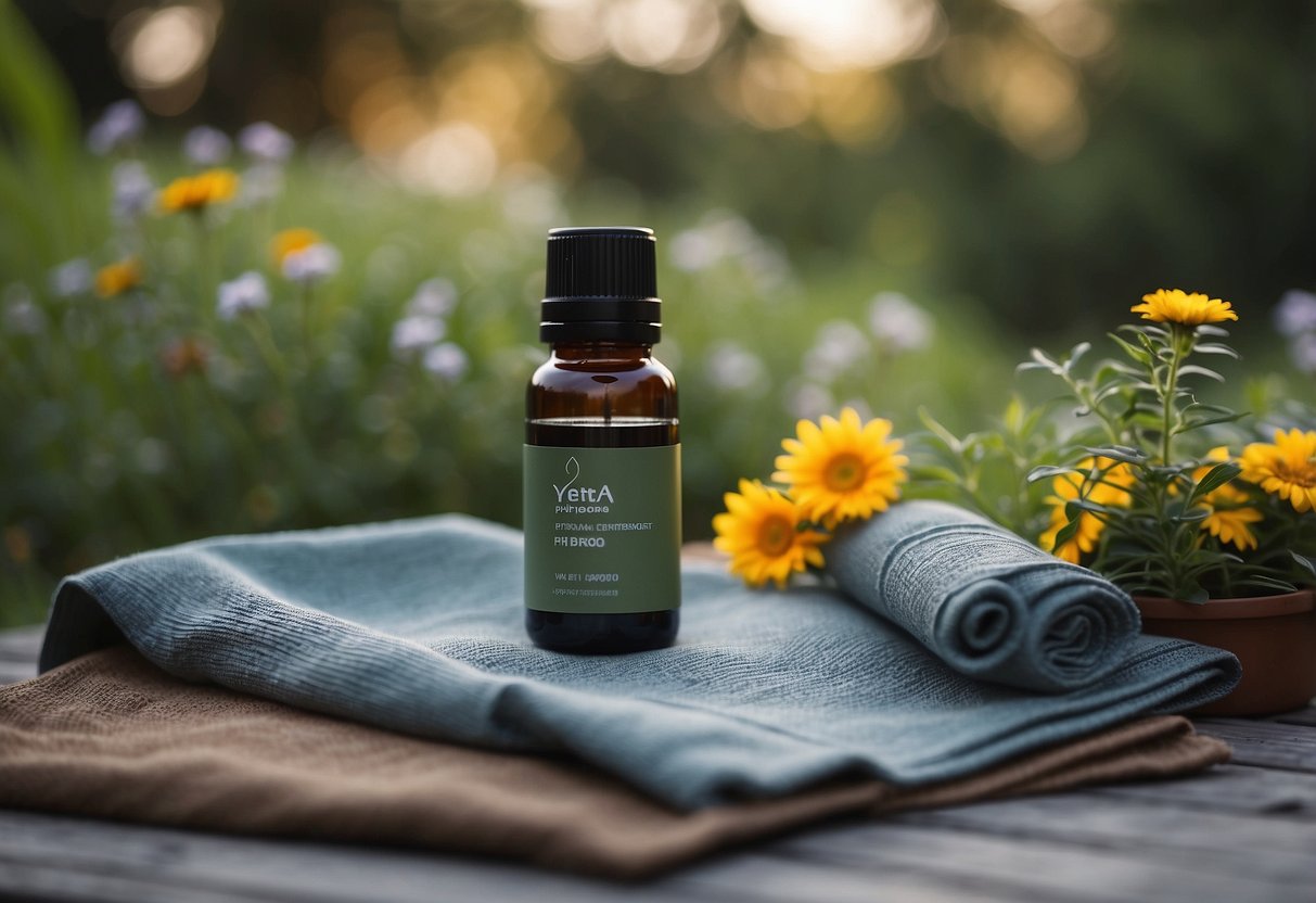 A serene outdoor yoga scene with a mat surrounded by natural elements, with a focus on insect-repelling plants and a gentle breeze to minimize insect interference