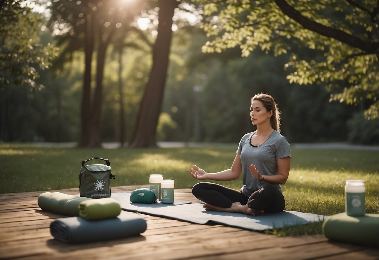 A serene outdoor yoga session with 5 compact first aid kits nearby