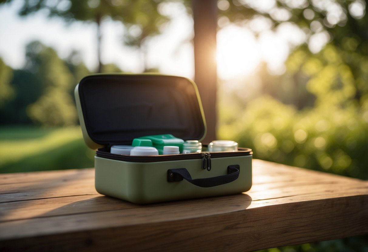 A compact first aid kit sits atop a yoga mat in a peaceful outdoor setting, surrounded by lush greenery and the soft glow of sunlight filtering through the trees