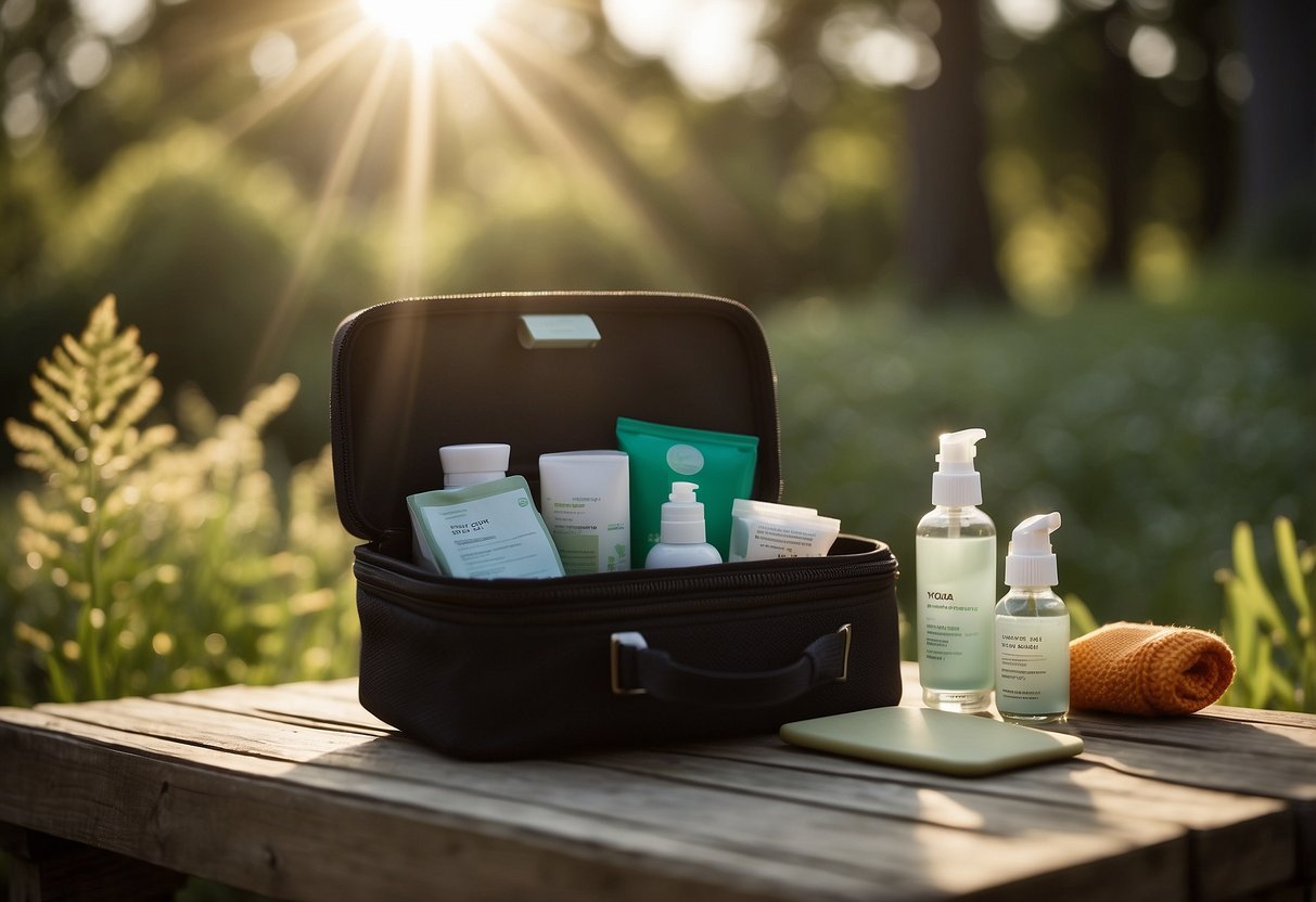 A small first aid kit sits open next to a yoga mat outdoors, surrounded by nature. The sun shines down on the kit, highlighting its lightweight and portable design