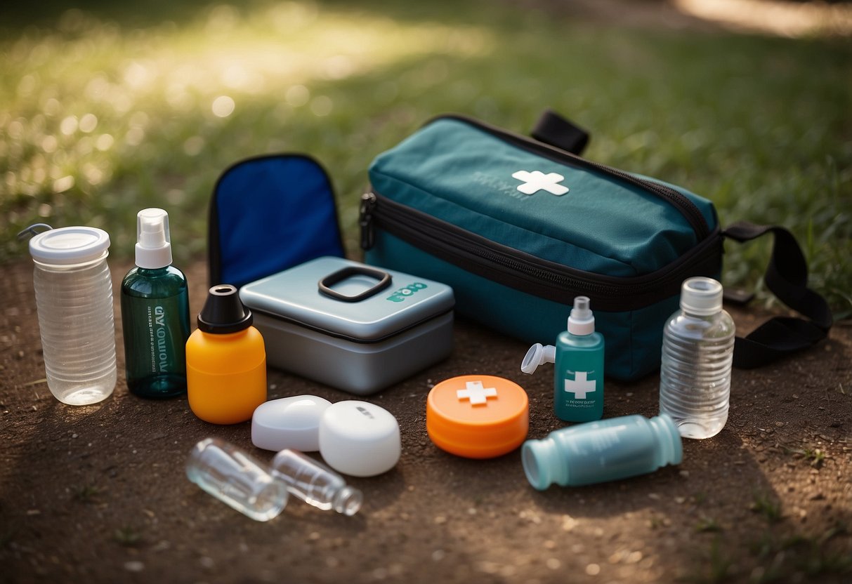 A compact first aid kit lies open on the ground, surrounded by yoga mats and water bottles. The sun shines down on the outdoor setting, creating a peaceful and serene atmosphere