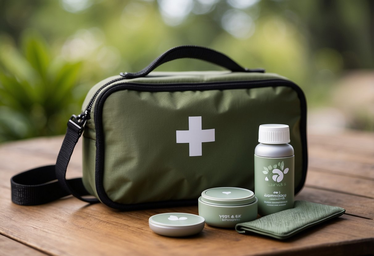 A compact VSSL First Aid Mini kit rests on a yoga mat in a serene outdoor setting, surrounded by lush greenery and soft natural light