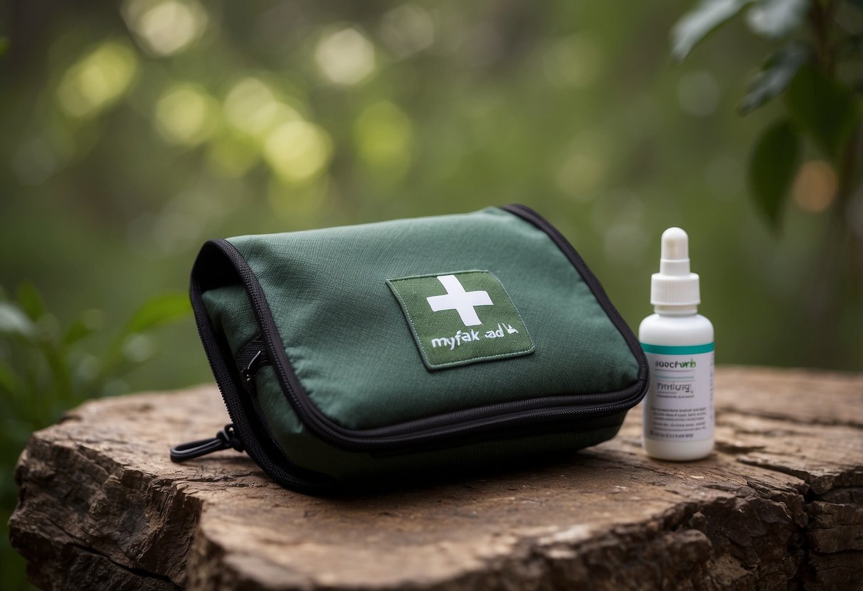 A compact MyFAK Mini First Aid Kit sits open next to a yoga mat in an outdoor setting, surrounded by nature. The kit is filled with essential first aid supplies and is ready for use