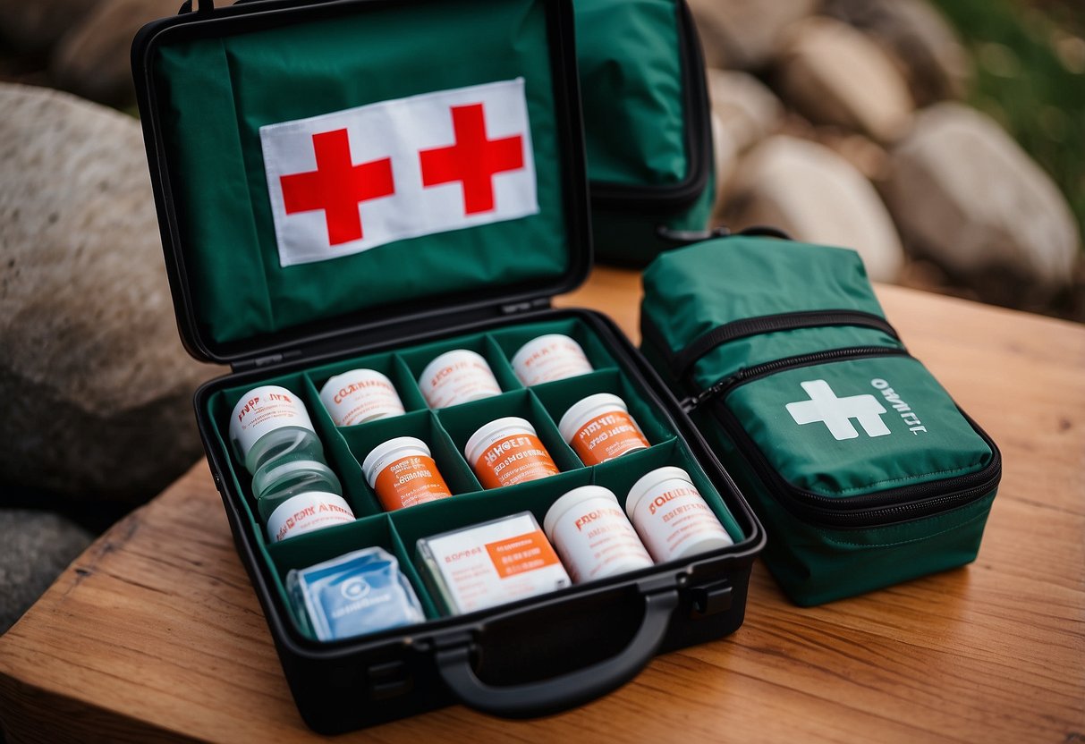 A person choosing a compact first aid kit from a selection of lightweight options for outdoor yoga