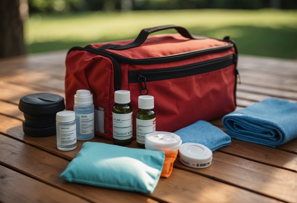 A compact first aid kit sits atop a yoga mat in a serene outdoor setting, surrounded by lush greenery and a clear blue sky