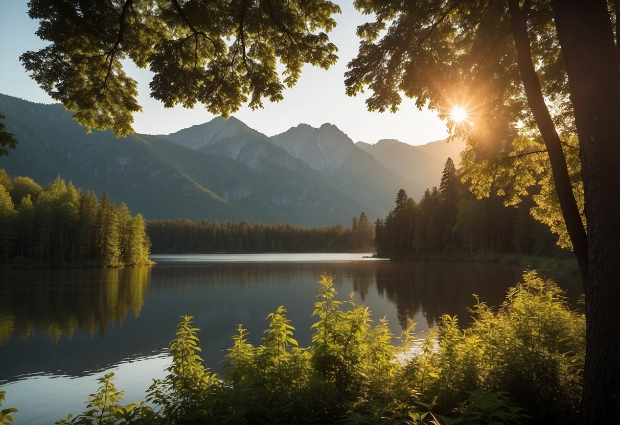 Lush greenery surrounds a serene lake, with mountains in the distance. The sun sets behind towering trees, casting a warm glow over the peaceful landscape