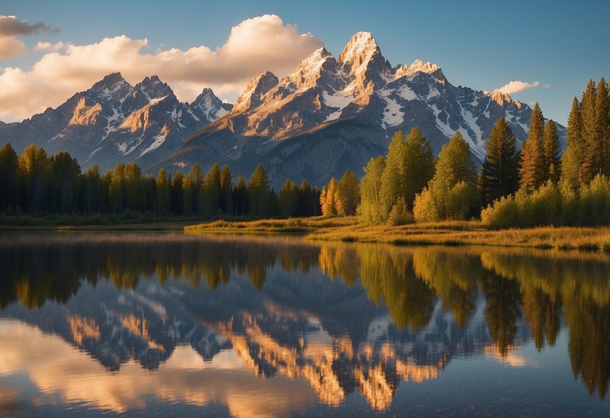 Sunrise over the snow-capped Grand Teton mountains, casting a golden glow on the serene lakes and lush green meadows below