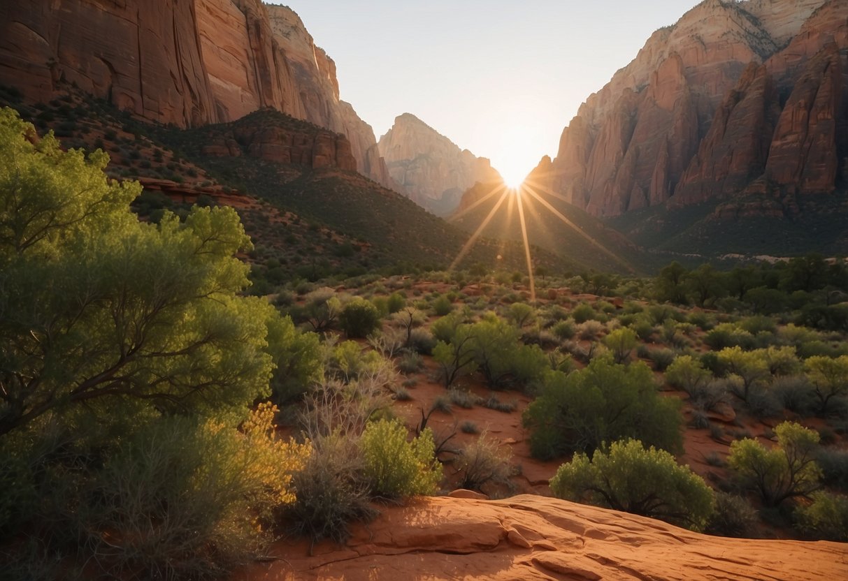 Sunrise at Zion National Park, with towering red rock formations and lush greenery, providing a serene backdrop for outdoor yoga practice