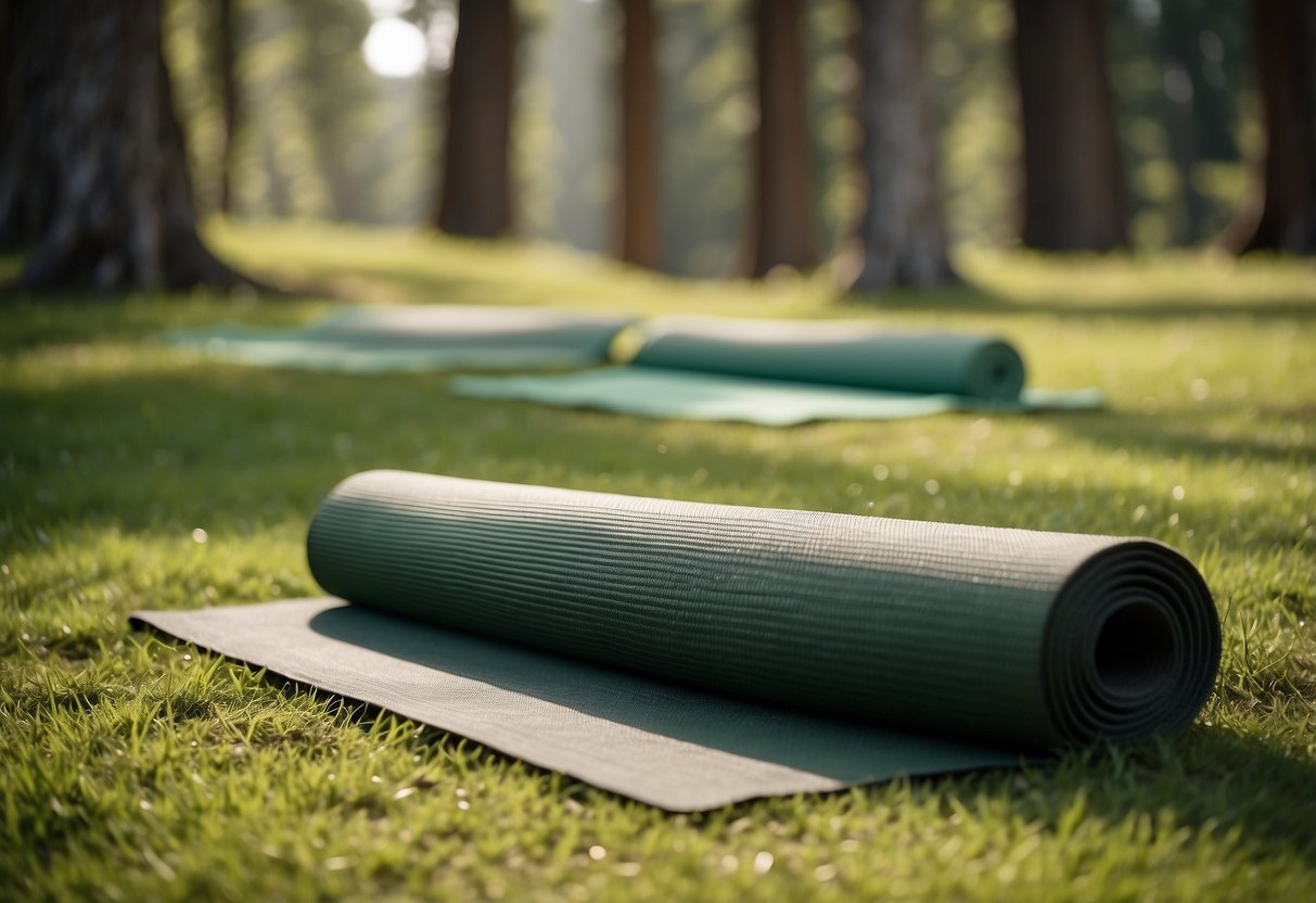 Yoga mats laid out on lush green grass in a serene national park setting, surrounded by towering trees and a peaceful natural landscape