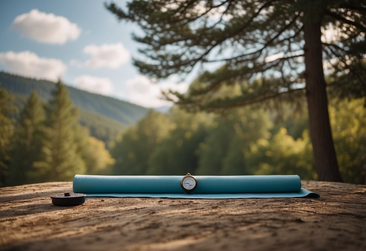 A serene outdoor setting with a yoga mat laid out on the ground, a compass placed nearby, surrounded by trees and a clear view of the sky