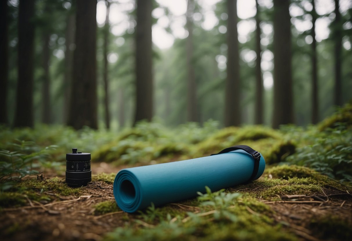 A serene clearing in the woods, with a yoga mat and compass laid out on the ground. Surrounding trees provide a peaceful backdrop for outdoor practice