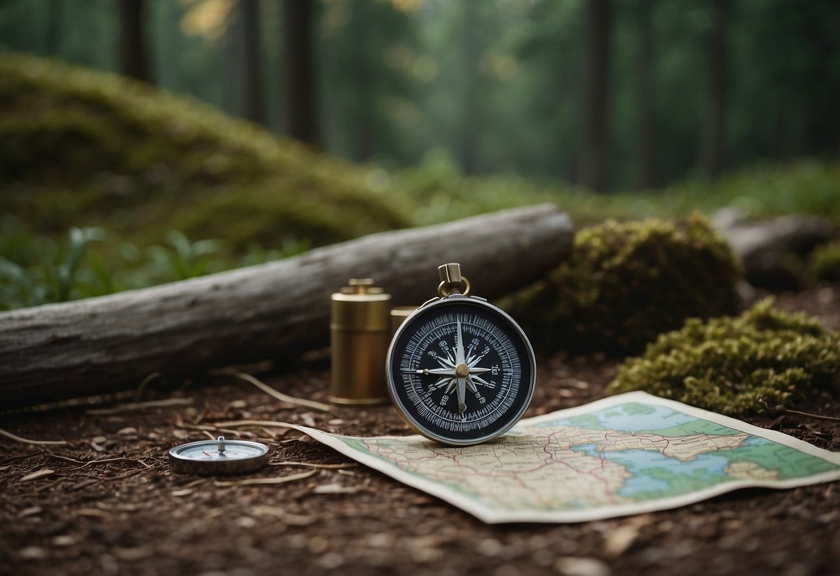 A serene outdoor setting with a map and compass laid out on the ground, surrounded by nature. The scene exudes tranquility and mindfulness, inviting the viewer to practice yoga and mindful breathing in this peaceful environment