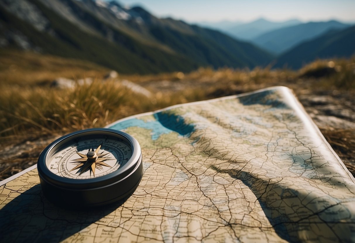 A mountainous landscape with a clear sky, a winding trail, and a compass and map laid out on the ground