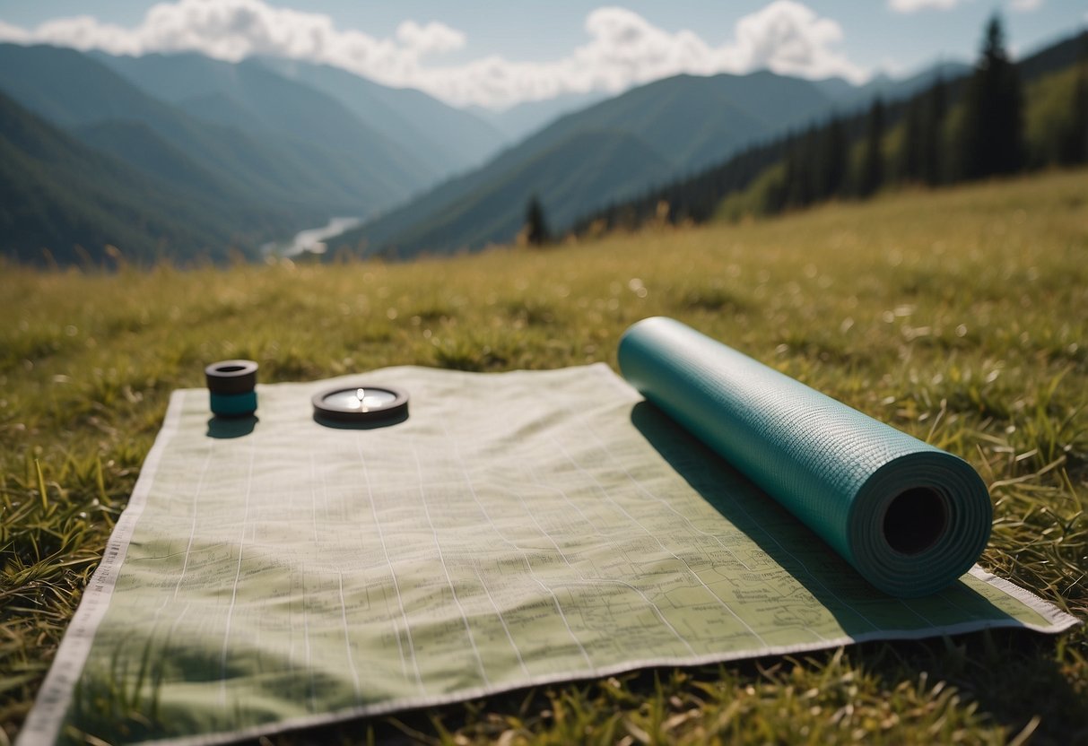 Yoga mat and compass on a grassy field with a map spread out. Trees and mountains in the background