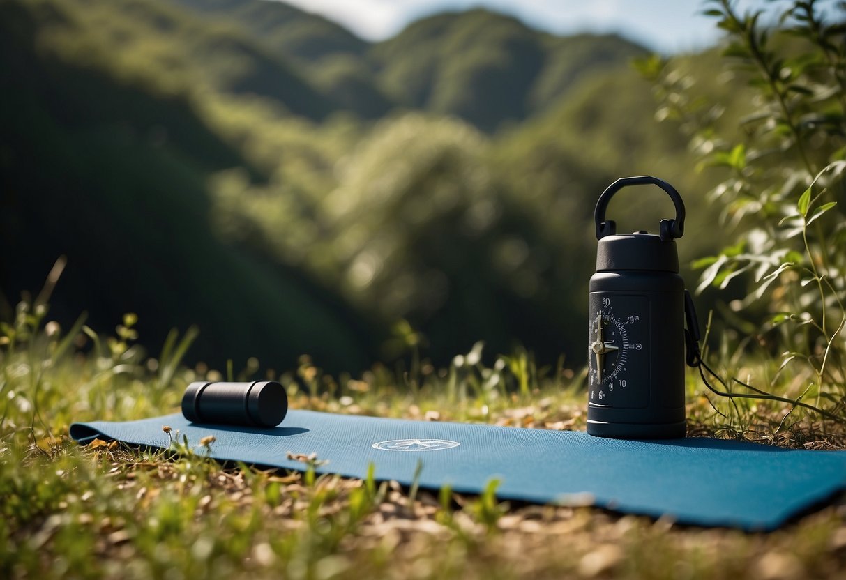 A serene landscape with a yoga mat and compass laid out on the ground, surrounded by lush greenery and a clear blue sky