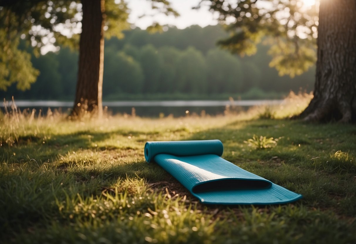 A yoga mat laid out on a grassy outdoor clearing, surrounded by trees and a distant compass resting on the mat