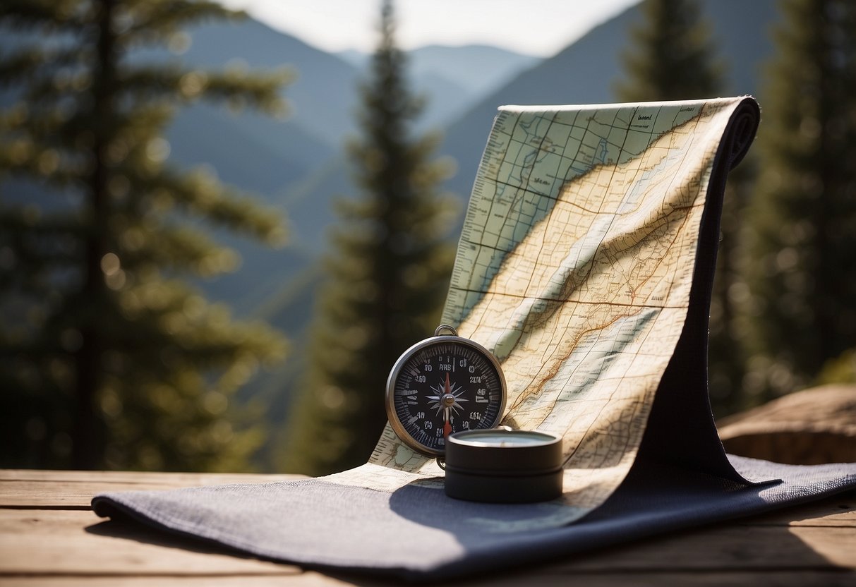 A map and compass lie on a yoga mat outdoors, surrounded by trees and mountains. The sun shines down, casting shadows across the peaceful scene