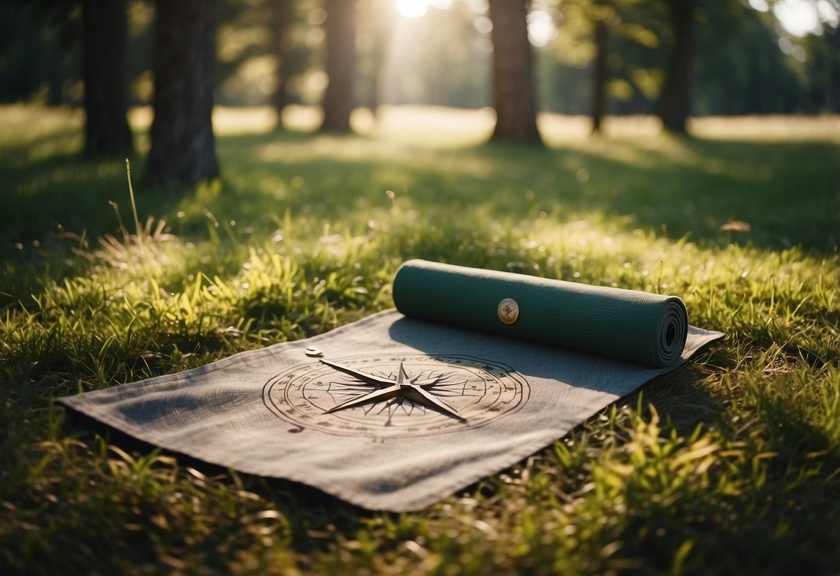 Yoga mat and compass laid out on grassy clearing. Sunlight filters through trees, creating dappled shadows. Map unfurled nearby. Peaceful, natural setting for outdoor yoga practice